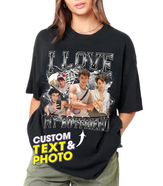 Custom I Love My Boyfriend Girlfriend Shirts with Photo I Love My Gf Shirt Custom Bootleg Rap Tee Shirts for Boyfriend with Girlfriend Face Tshirt Gift Idea for Valentine