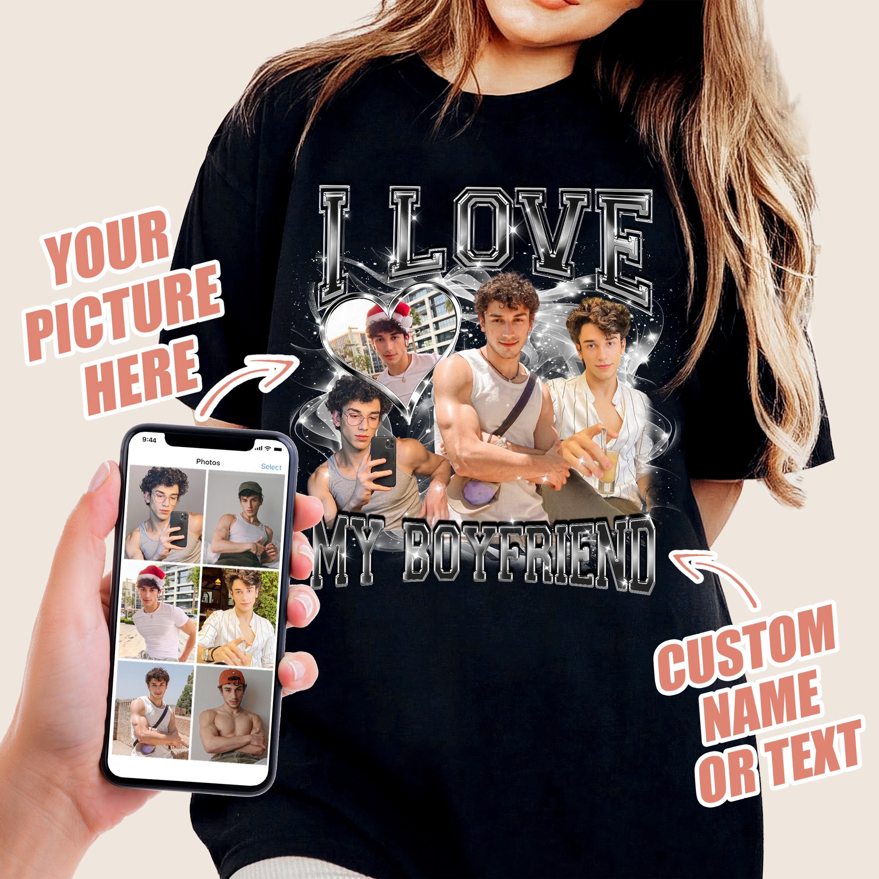 Custom I Love My Boyfriend Girlfriend Shirts with Photo I Love My Gf Shirt Custom Bootleg Rap Tee Shirts for Boyfriend with Girlfriend Face Tshirt Gift Idea for Valentine
