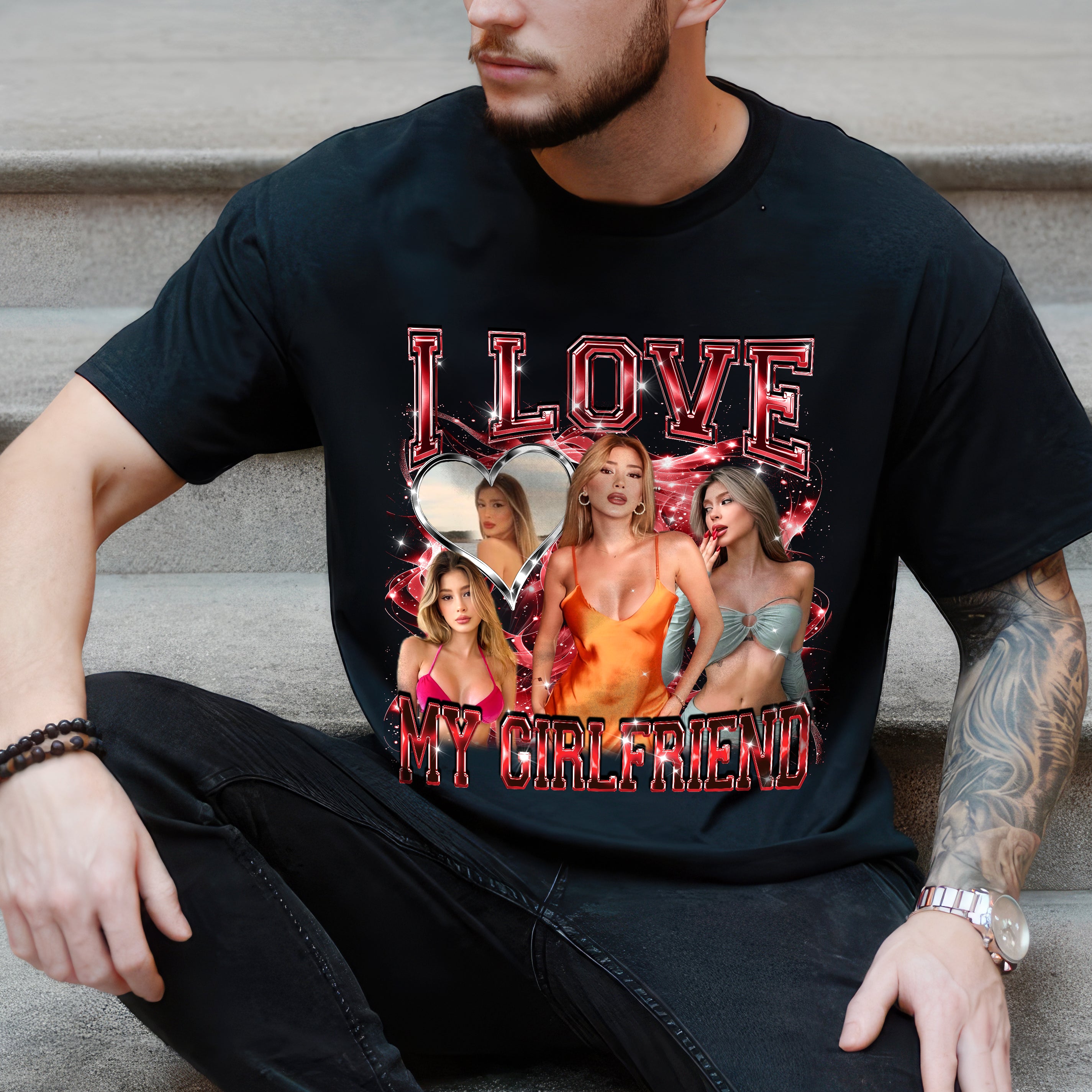 Custom I Love My Boyfriend Girlfriend Shirts with Photo I Love My Gf Shirt Custom Bootleg Rap Tee Shirts for Boyfriend with Girlfriend Face Tshirt Gift Idea for Valentine