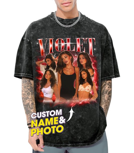 Custom Girlfriend Shirts Bootleg Rap Tee Custom Tshirt for Boyfriend Shirts with Face Photo Vintage Washed Tee Customize Graphic Group Tees Personalized Birthday Valentine Gifts