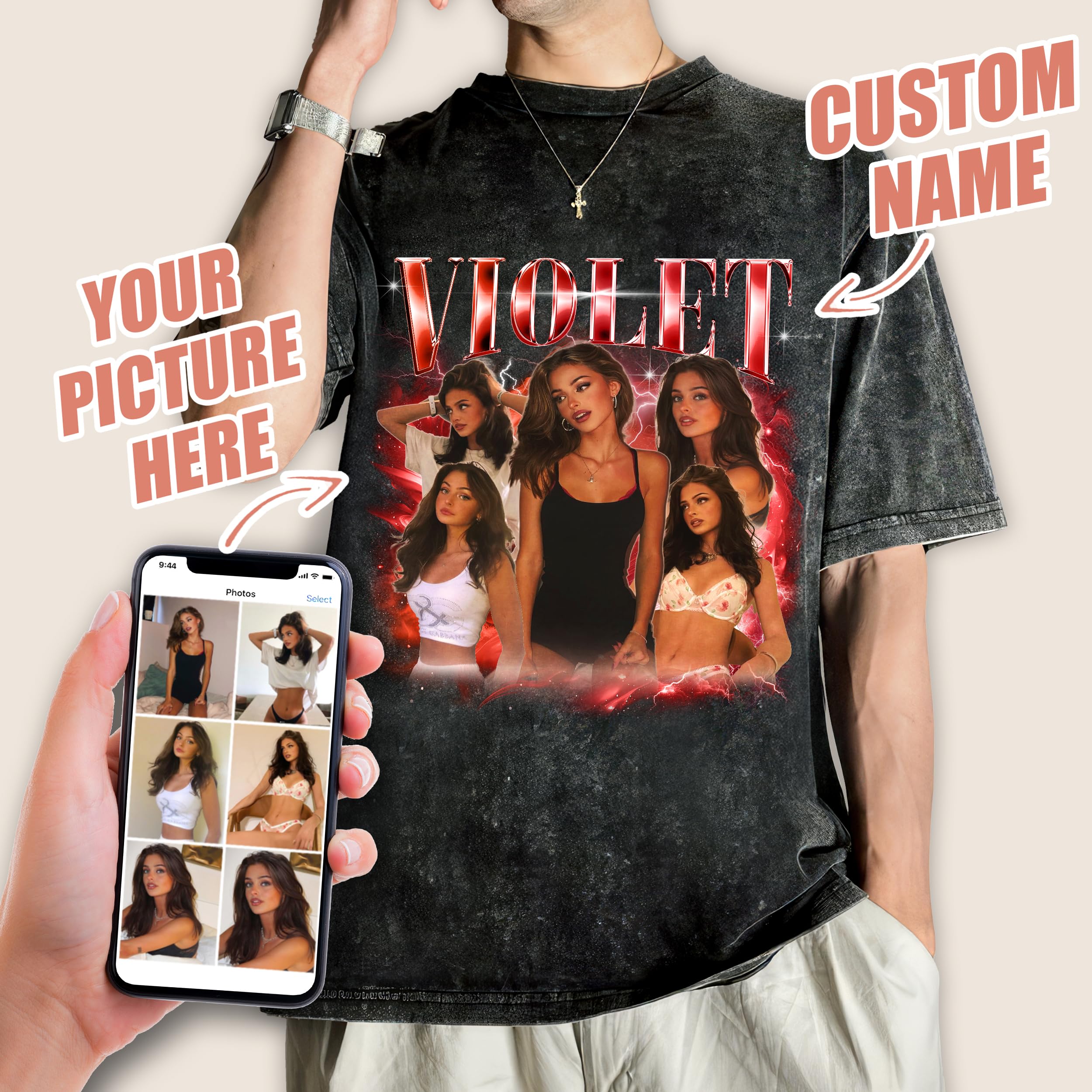Custom Girlfriend Shirts Bootleg Rap Tee Custom Tshirt for Boyfriend Shirts with Face Photo Vintage Washed Tee Customize Graphic Group Tees Personalized Birthday Valentine Gifts