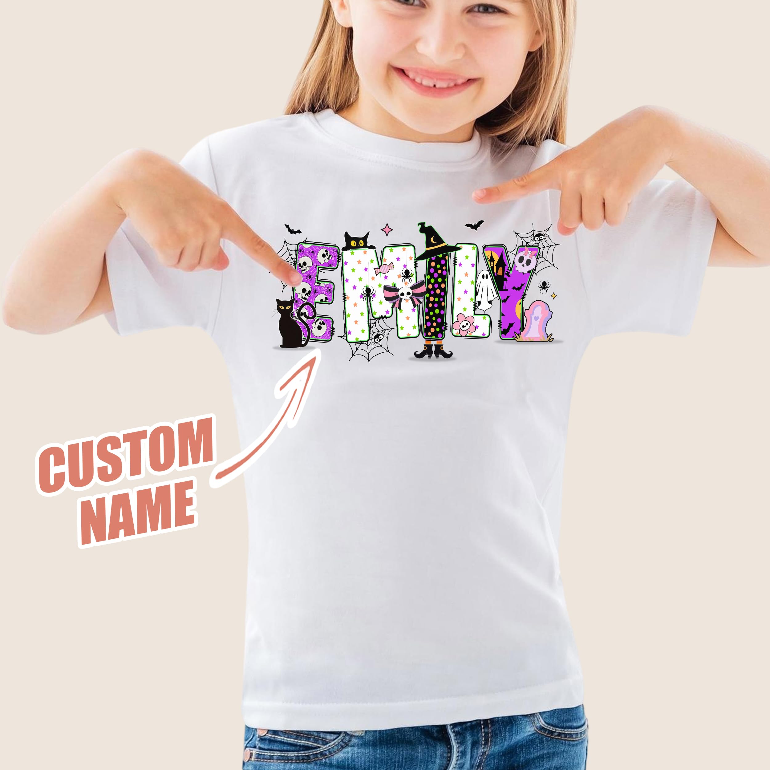 Custom Kids Halloween Shirt for Girls Boys Custom Name Little Pumpkin Witch Youth Costume Girls Shirts Spooky Ghost Tee